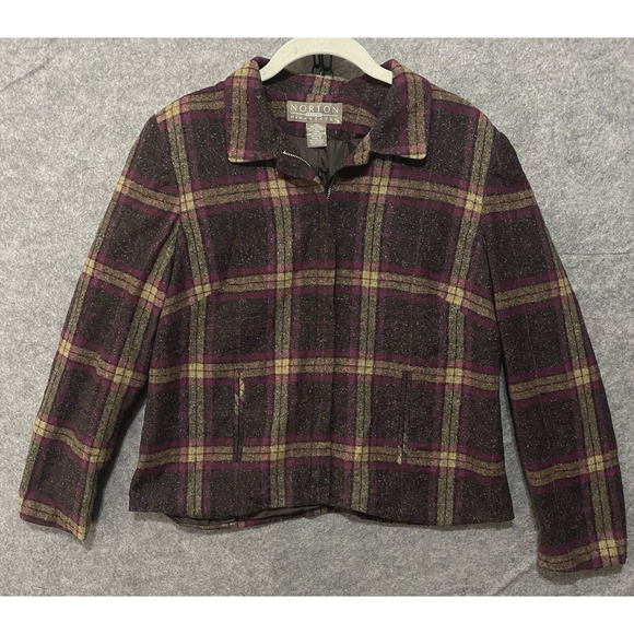 NORTON MCNAUGHTON Wool Blend Blazer Womens Sz 10P Brown Plaid Pockets‎ Lined - Picture 1 of 7